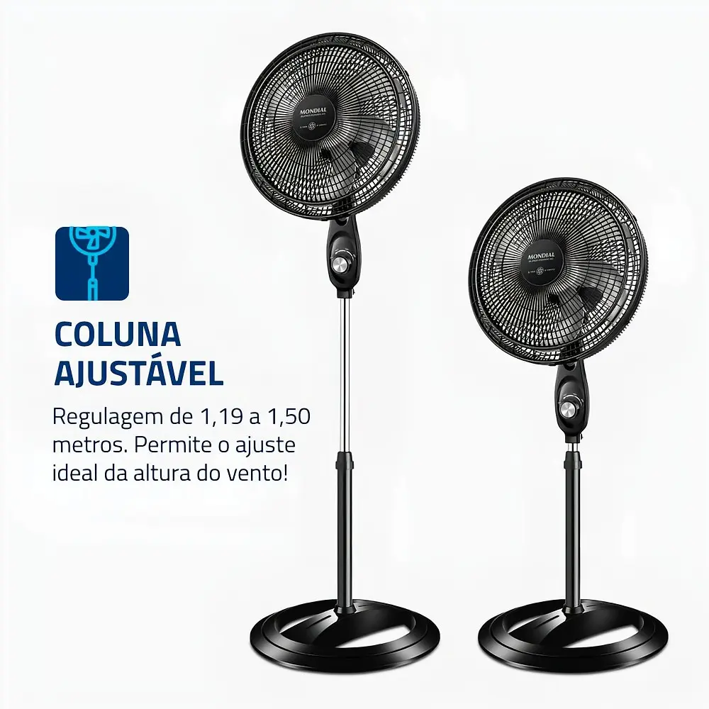 Dois ventiladores lado a lado mostrando a coluna na altura mínima e na máxima